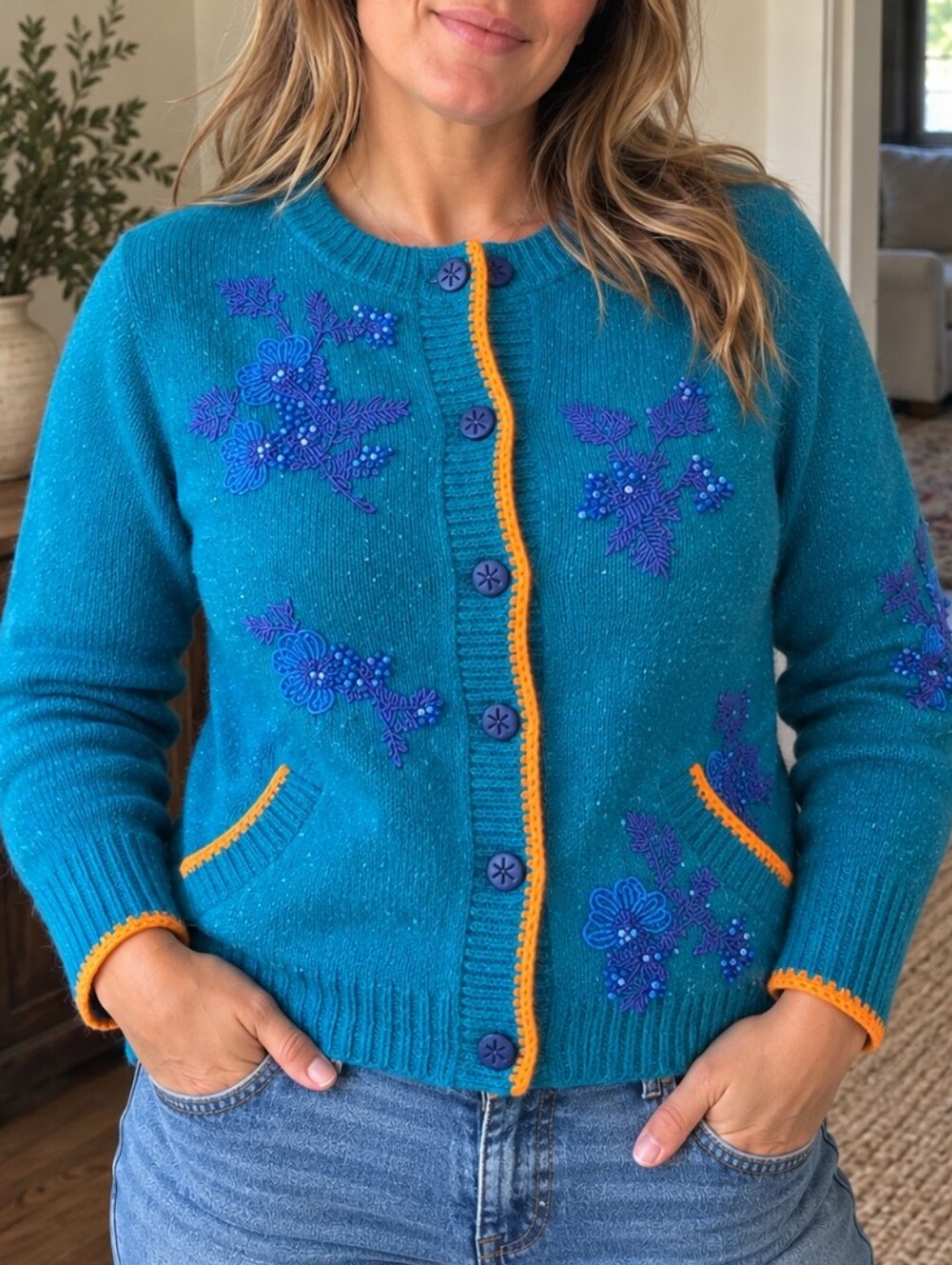 Sundance NWT Teal Embellished Floral Beaded Cardigan Sweater XS